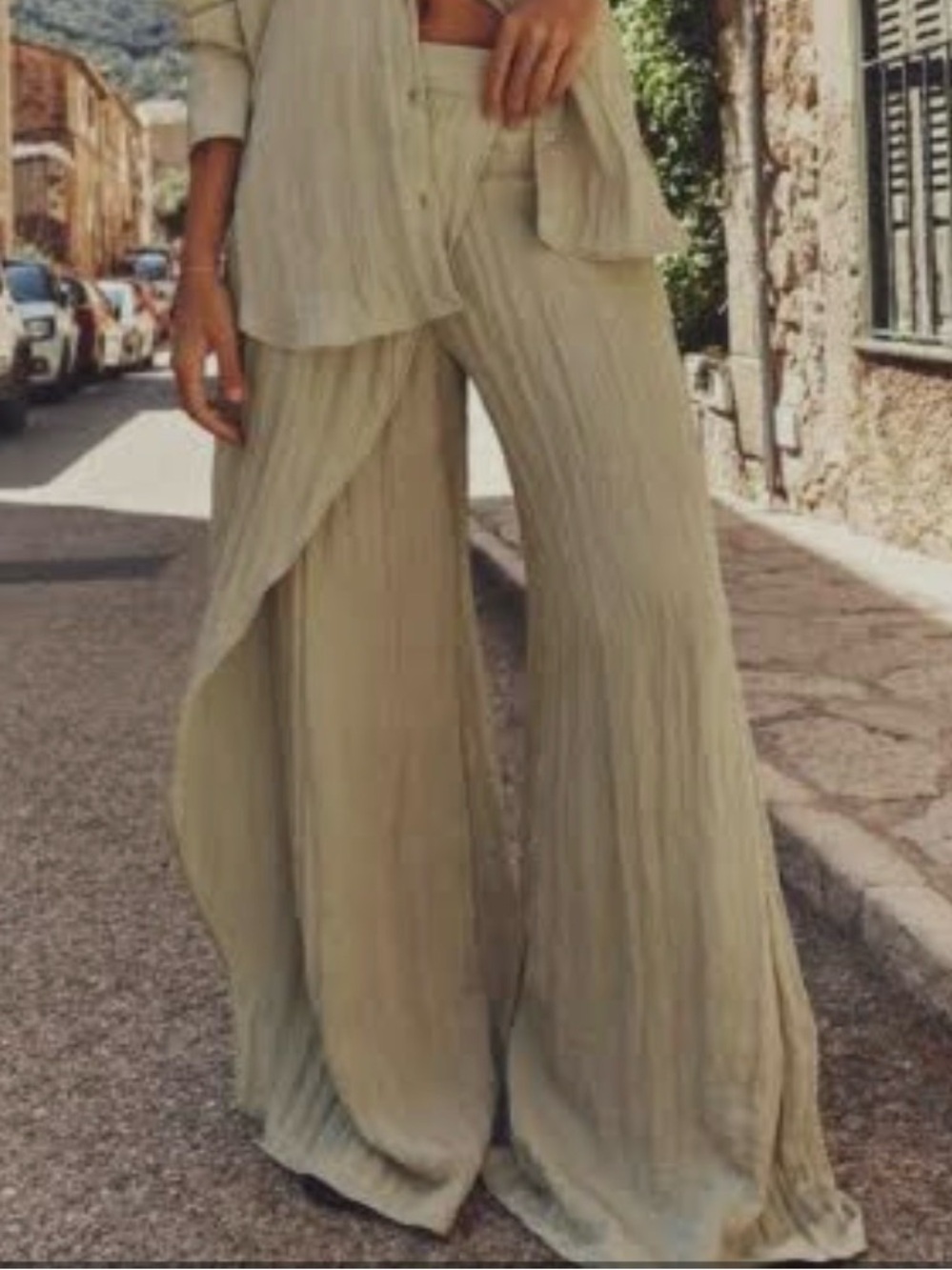 ZARA WIDE-leg BUTTON-FRONT PANTS IN LIGHT SAGE